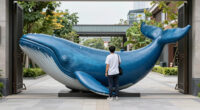 blue aluminum panels curve to shape a whale-like entrance gate by wutopia lab