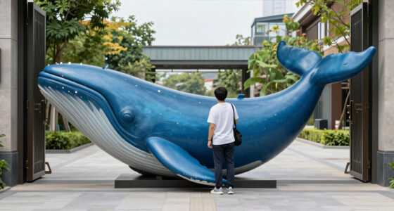 blue aluminum panels curve to shape a whale-like entrance gate by wutopia lab
