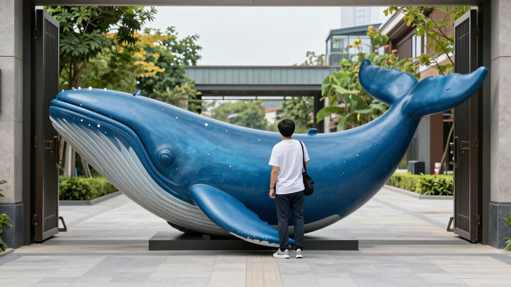blue aluminum panels curve to shape a whale-like entrance gate by wutopia lab