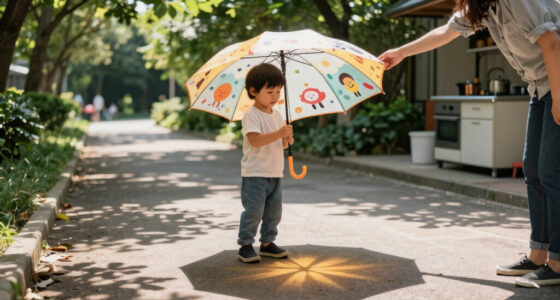 this children’s umbrella casts playful characters onto the ground, making sun protection fun