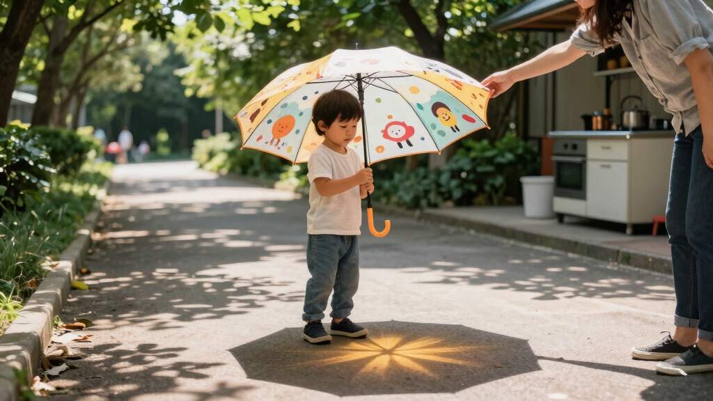 this children’s umbrella casts playful characters onto the ground, making sun protection fun